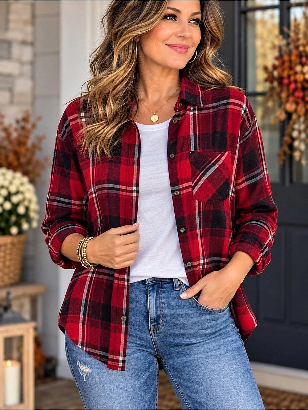 A New Day Plaid Button Down in Red & Black XL great condition